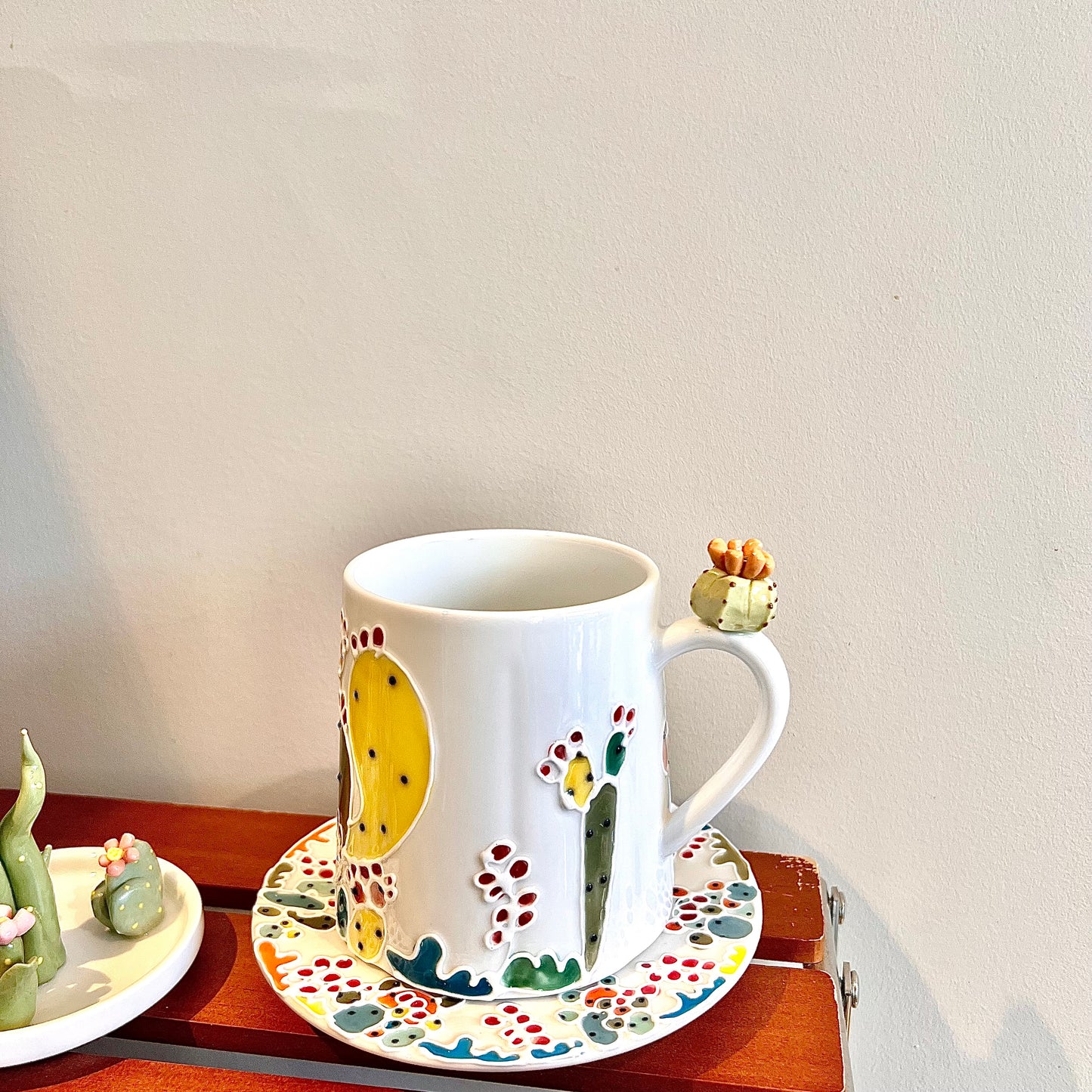Handmade Cactus Mug Set with Cat Spoon