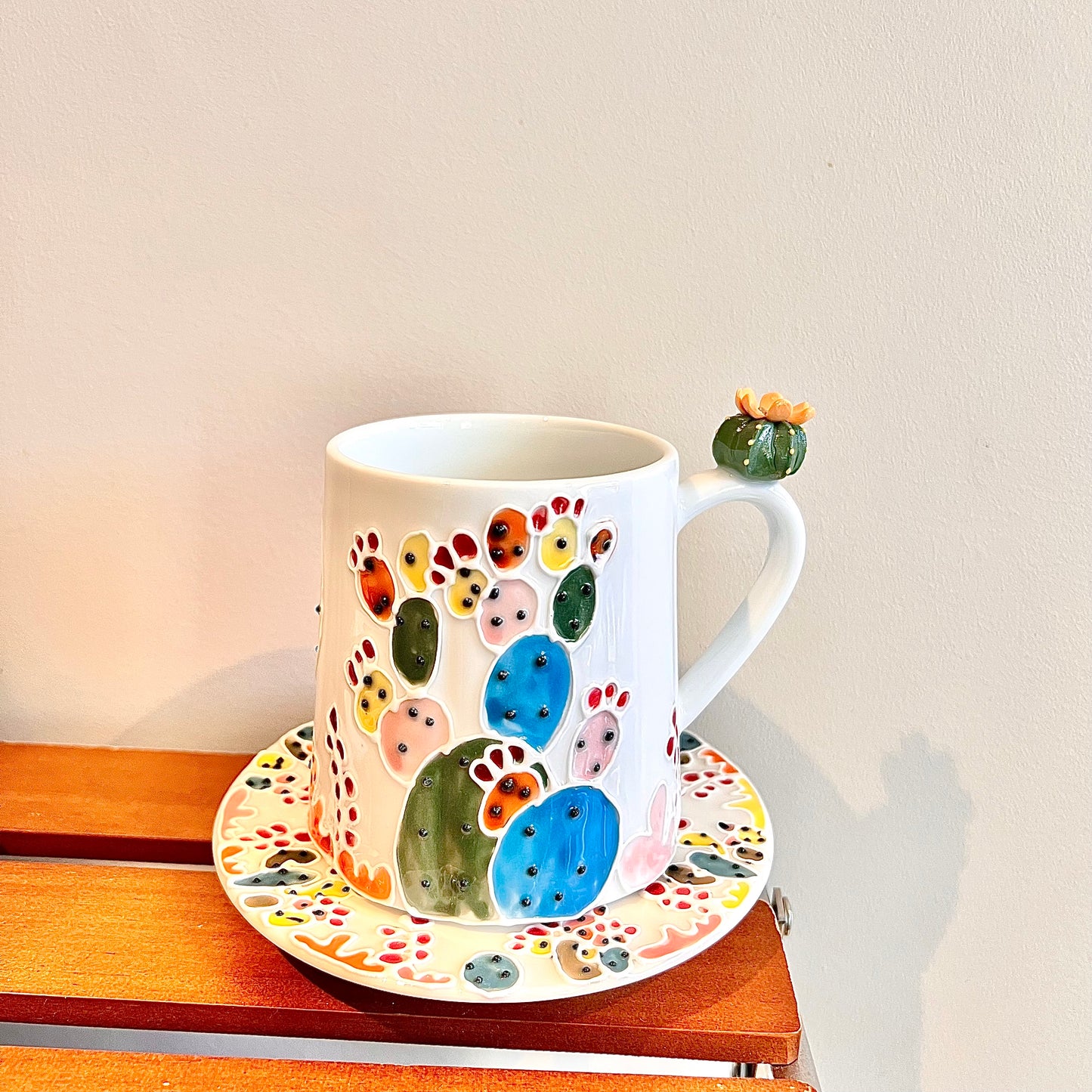 Handmade Cactus Mug Set with Cat Spoon