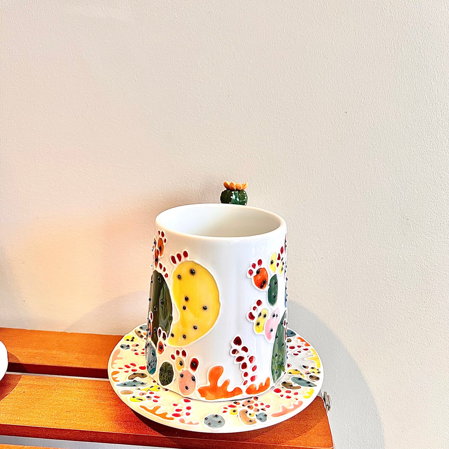 Handmade Cactus Mug Set with Cat Spoon