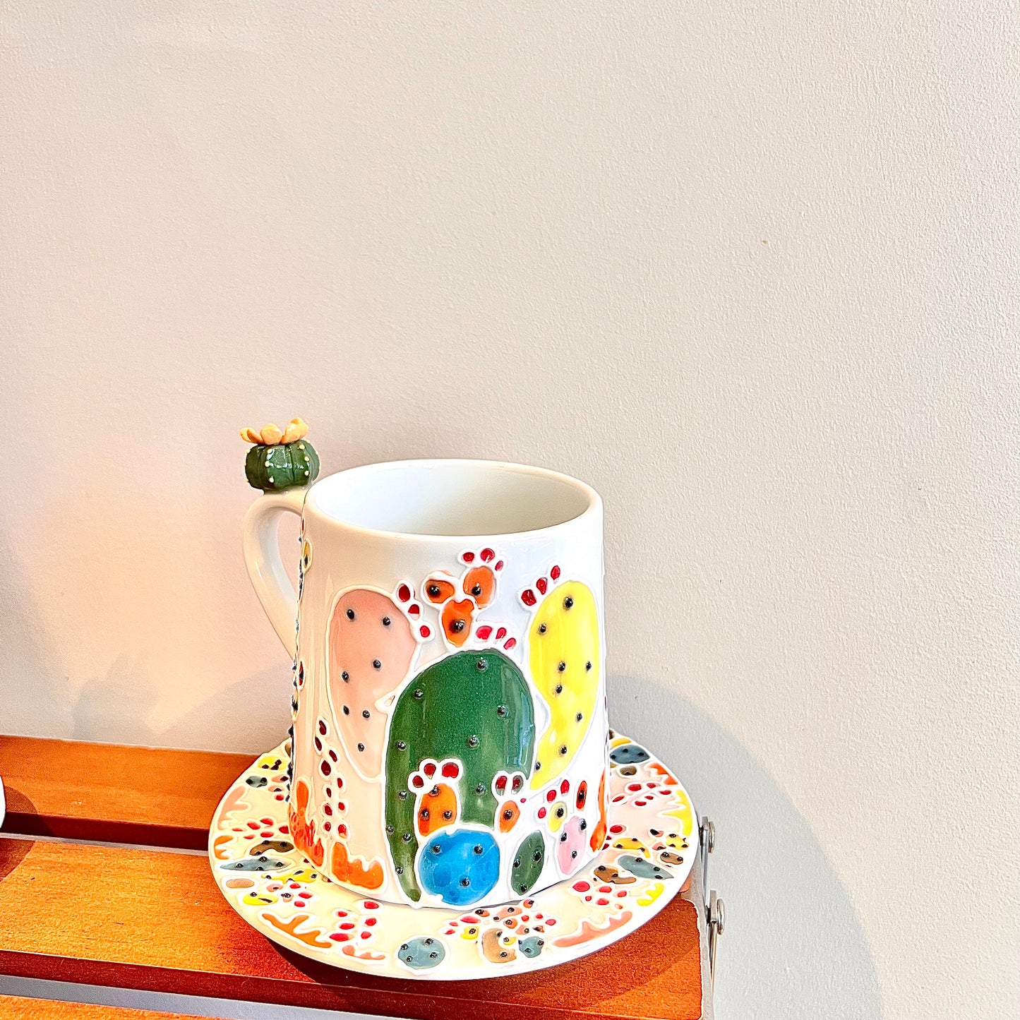 Handmade Cactus Mug Set with Cat Spoon