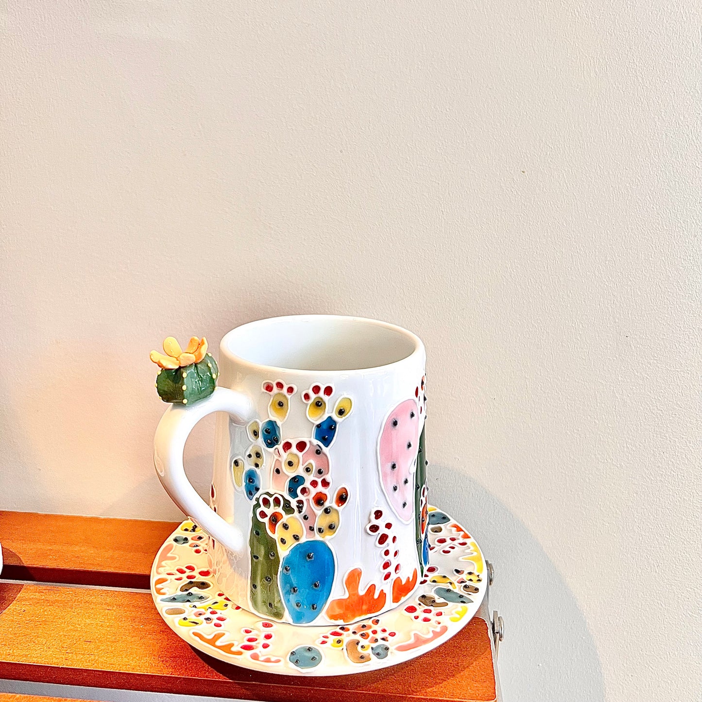 Handmade Cactus Mug Set with Cat Spoon