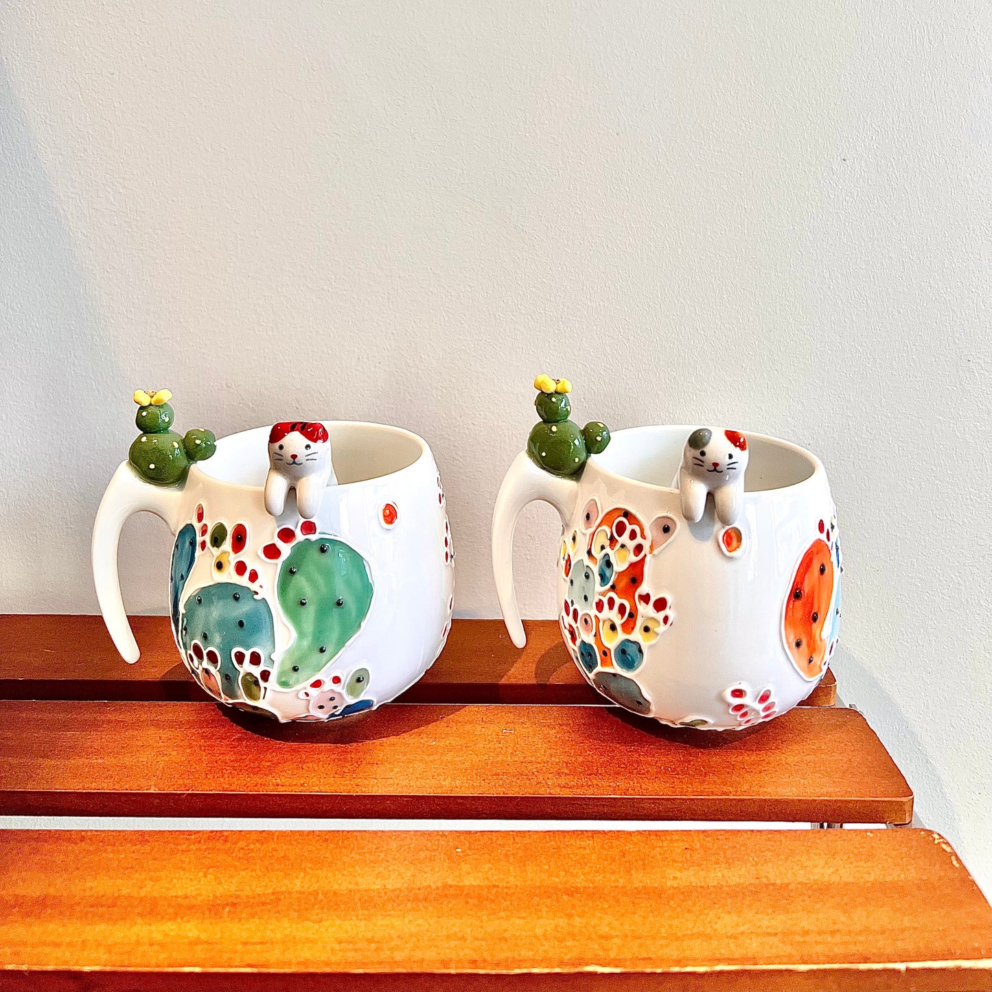 Handmade Cactus Mug with Cat Spoon