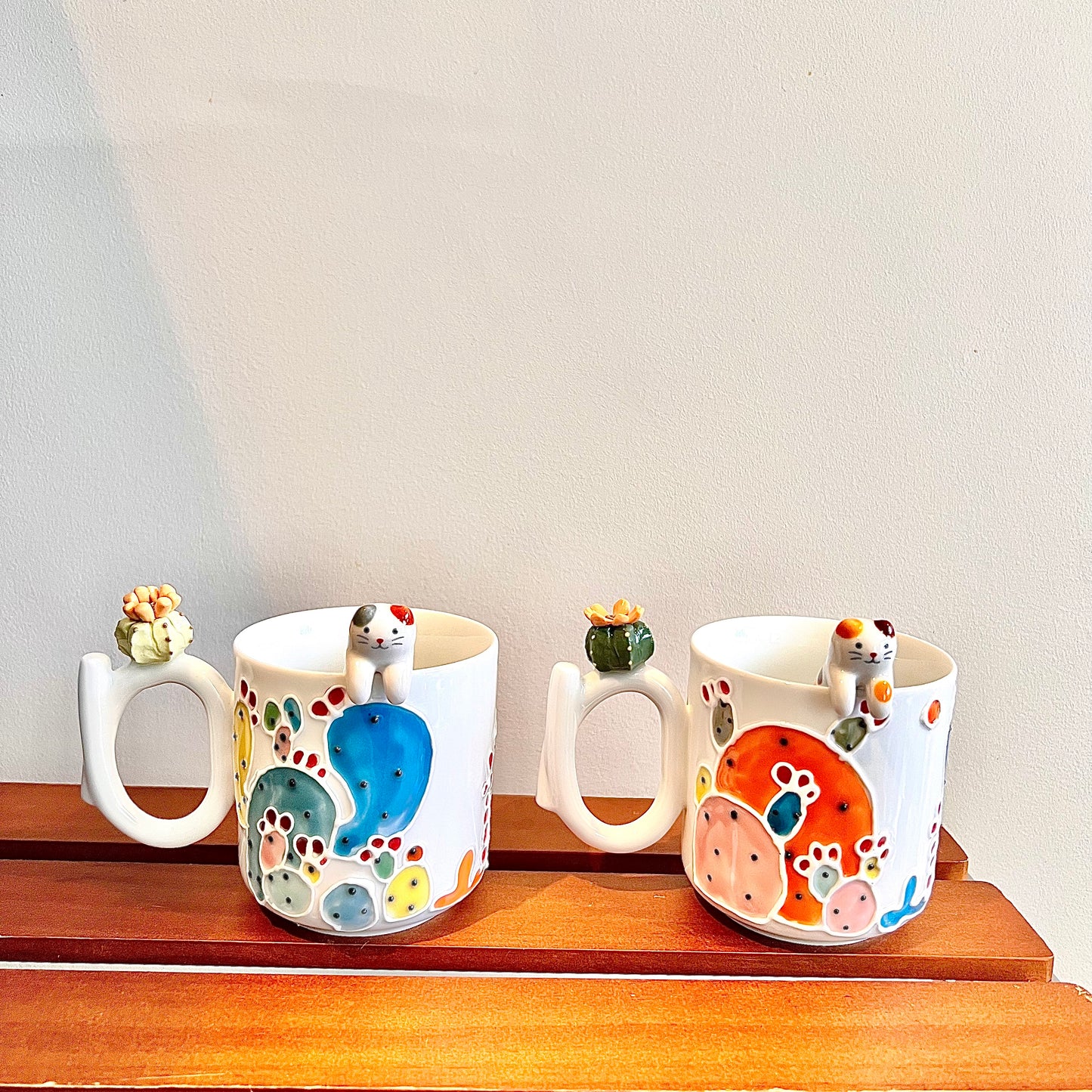 Handmade Cactus Mug with Cat Spoon