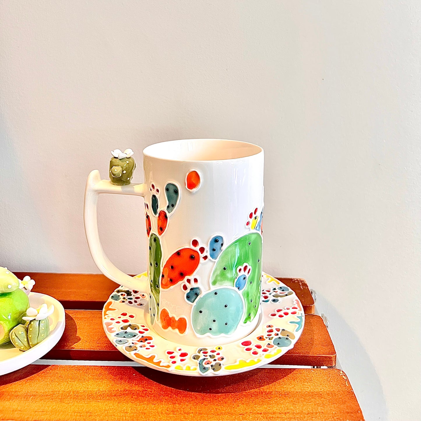 Handmade Cactus Mug Set with Cat Spoon