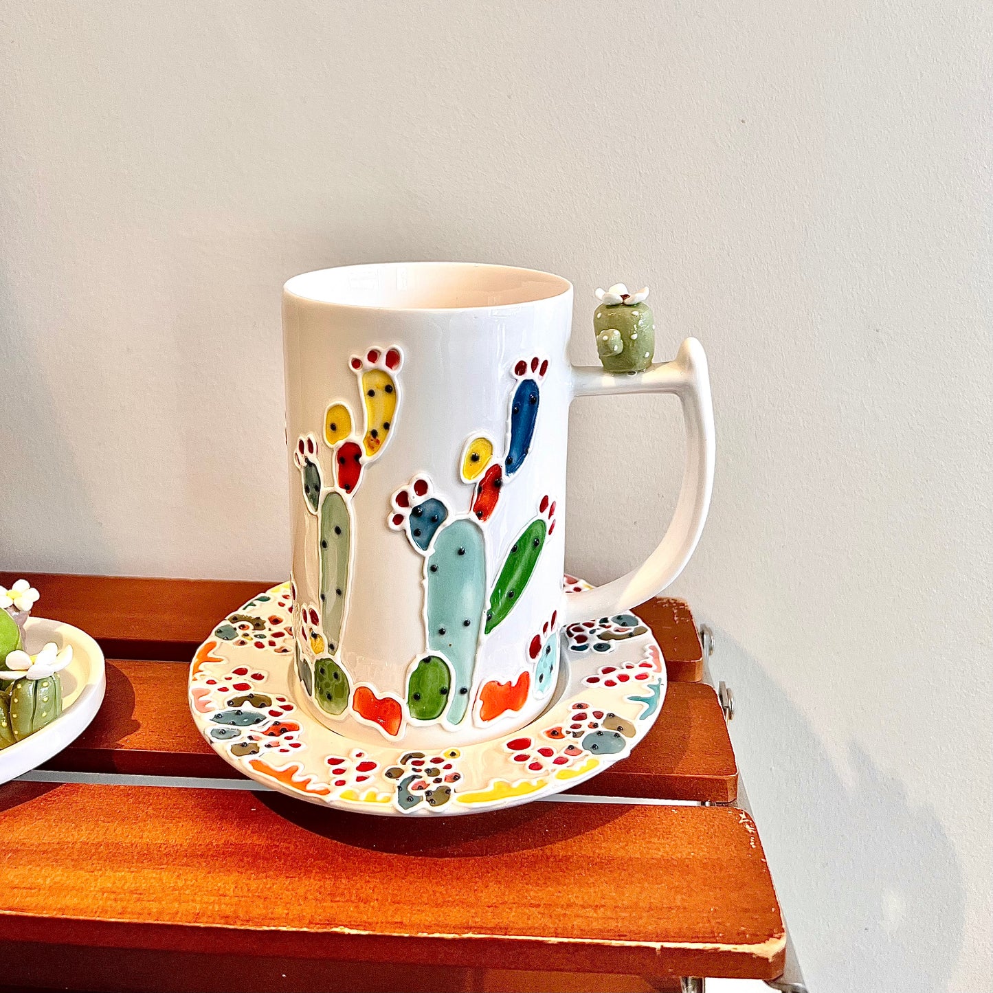 Handmade Cactus Mug Set with Cat Spoon