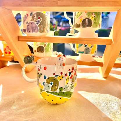 Handmade Cactus Mug with Cat Spoon