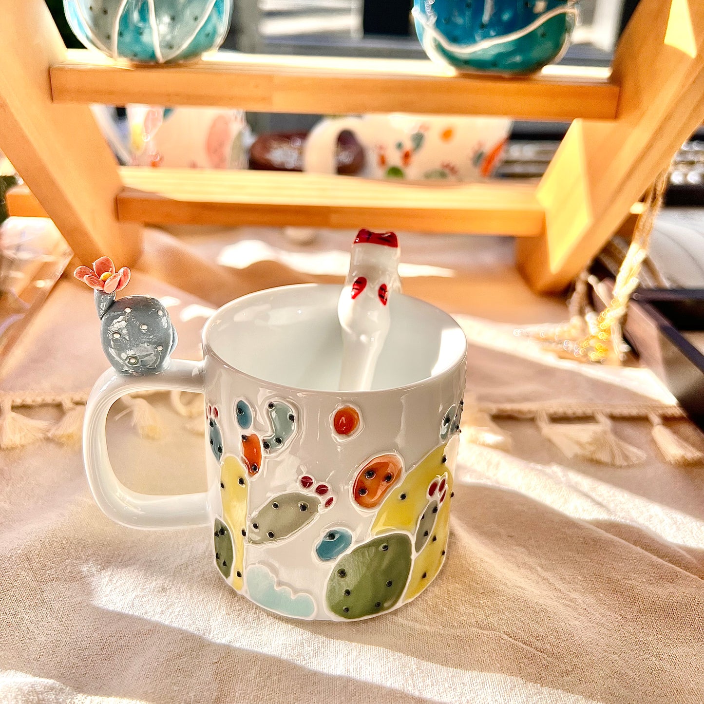 Handmade Cactus Mug with Cat Spoon