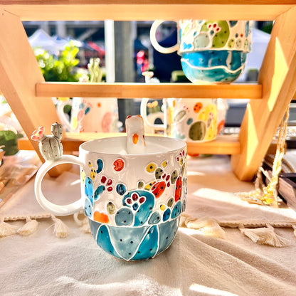 Handmade Cactus Mug with Cat Spoon