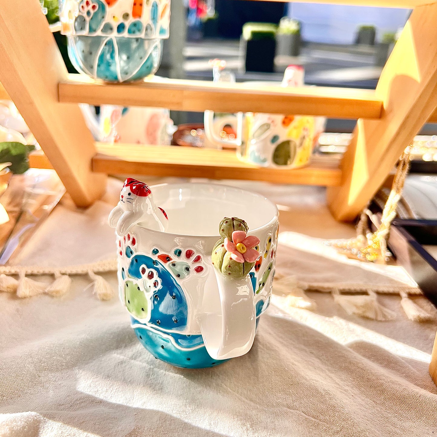 Handmade Cactus Mug with Cat Spoon