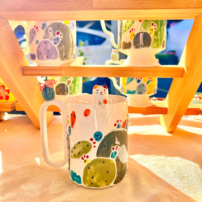 Handmade Cactus Mug with Cat Spoon