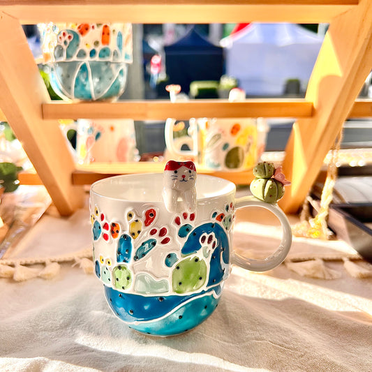 Handmade Cactus Mug with Cat Spoon