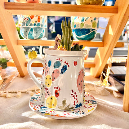 Handmade Cactus Mug Set with Cat Spoon