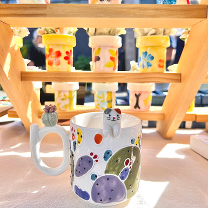 Handmade Cactus Mug with Cat Spoon