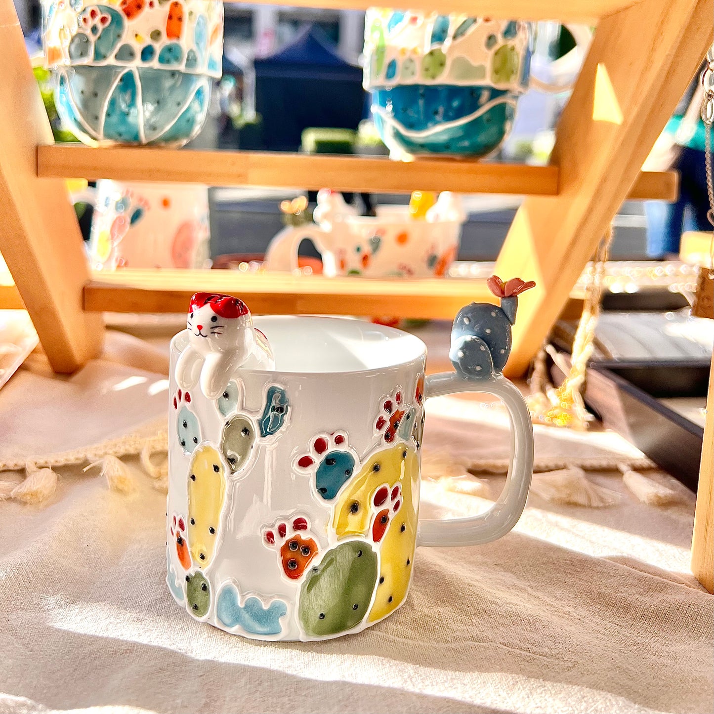 Handmade Cactus Mug with Cat Spoon
