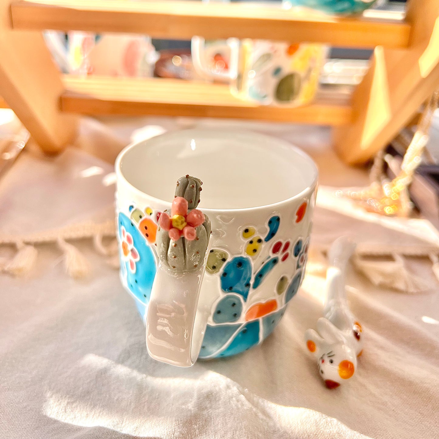 Handmade Cactus Mug with Cat Spoon