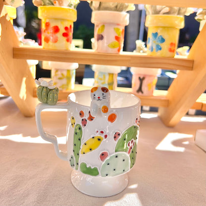 Handmade Cactus Mug with Cat Spoon