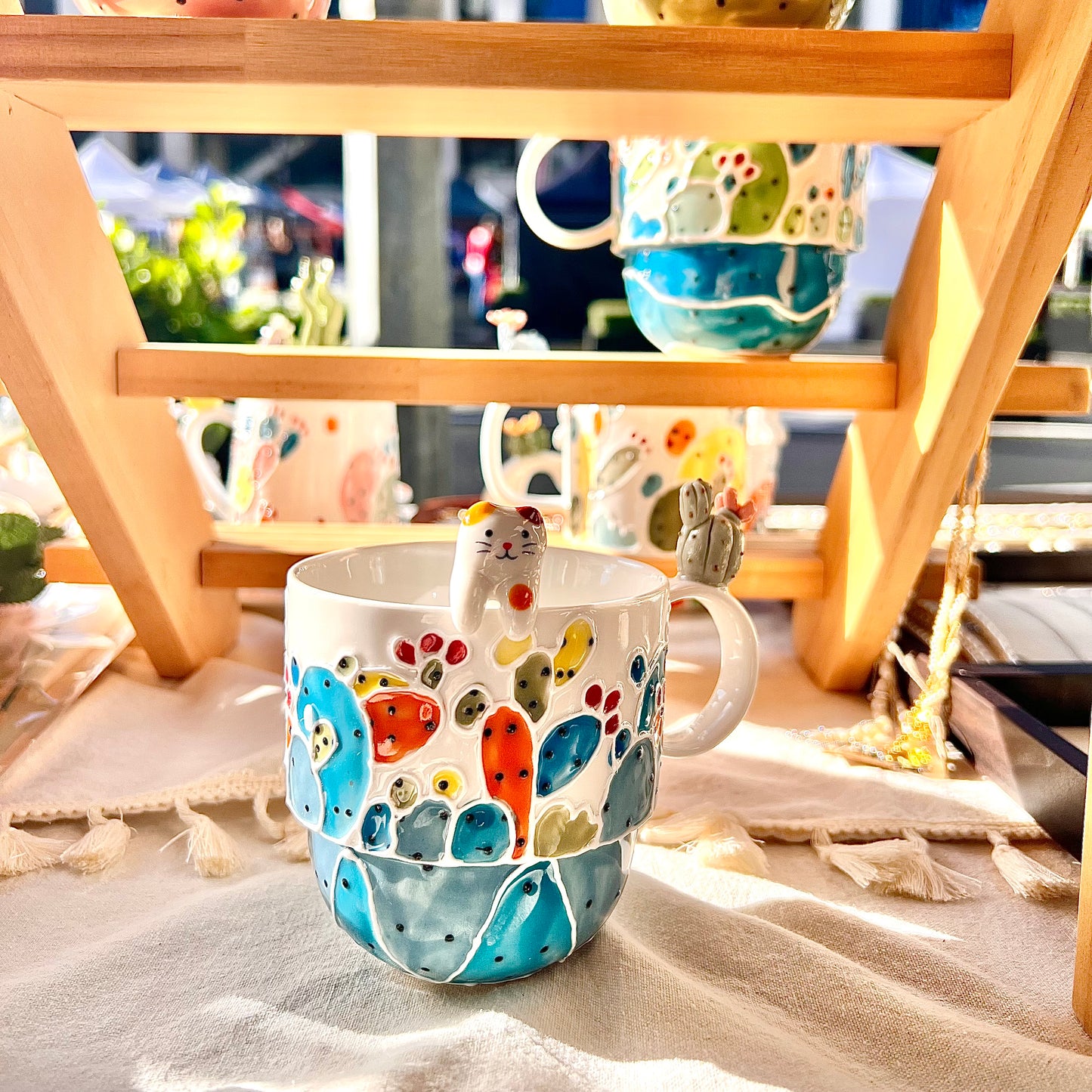 Handmade Cactus Mug with Cat Spoon