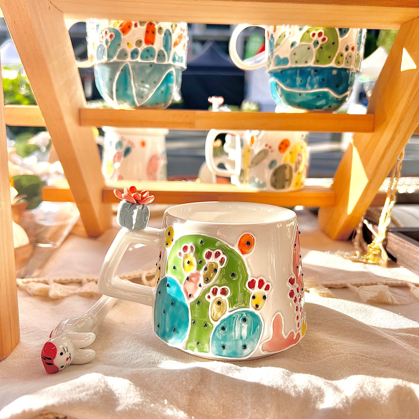 Handmade Cactus Mug with Cat Spoon
