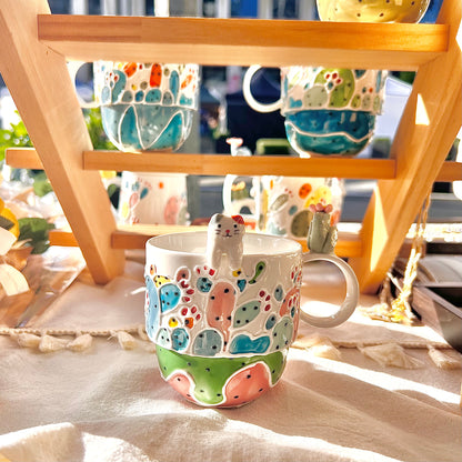 Handmade Cactus Mug with Cat Spoon