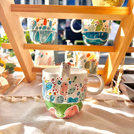 Handmade Cactus Mug with Cat Spoon
