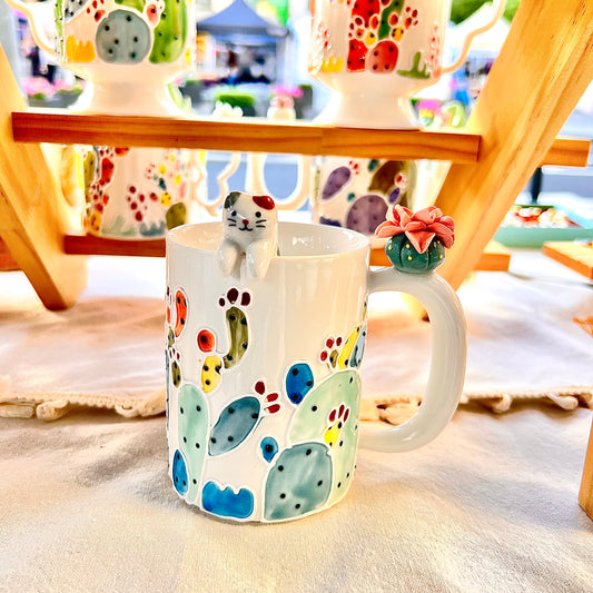 Handmade Cactus Mug with Cat Spoon