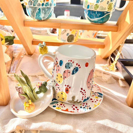 Handmade Cactus Mug Set with Cat Spoon