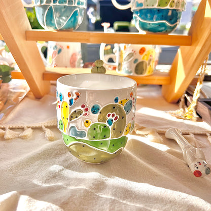 Handmade Cactus Mug with Cat Spoon