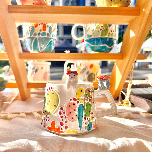 Handmade Cactus Mug with Cat Spoon