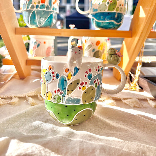 Handmade Cactus Mug with Cat Spoon