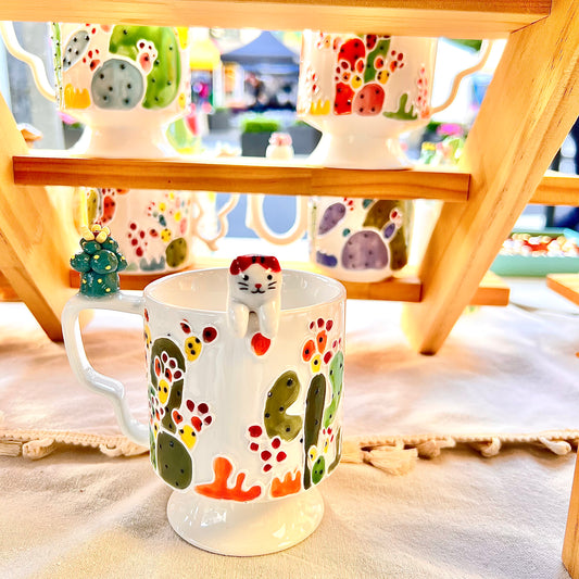 Handmade Cactus Mug with Cat Spoon