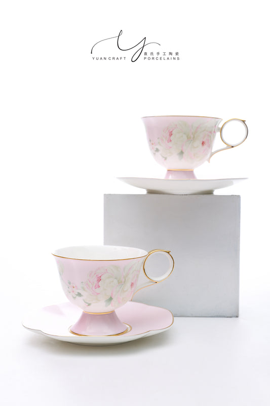 Fresh Pinkish Peony Flower Teacups & Saucers Sets for Two