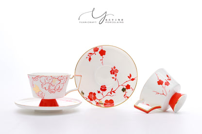 Peony and Plum Blossoms Teacups & Saucers Sets for Two