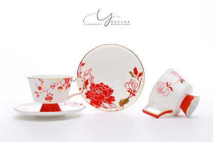 Peony and Plum Blossoms Teacups & Saucers Sets for Two