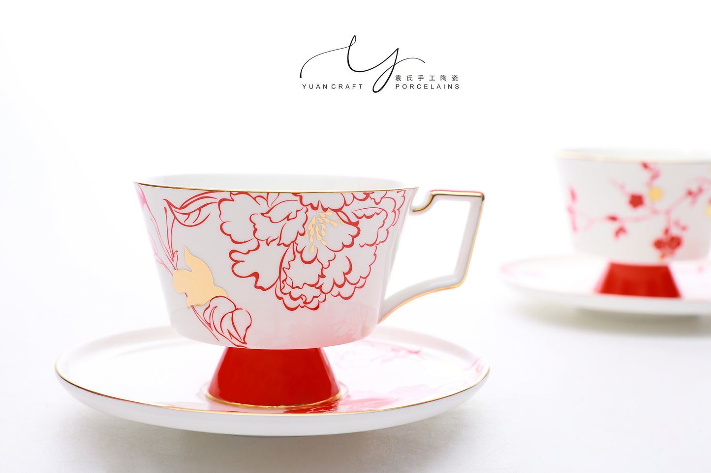 Peony and Plum Blossoms Teacups & Saucers Sets for Two