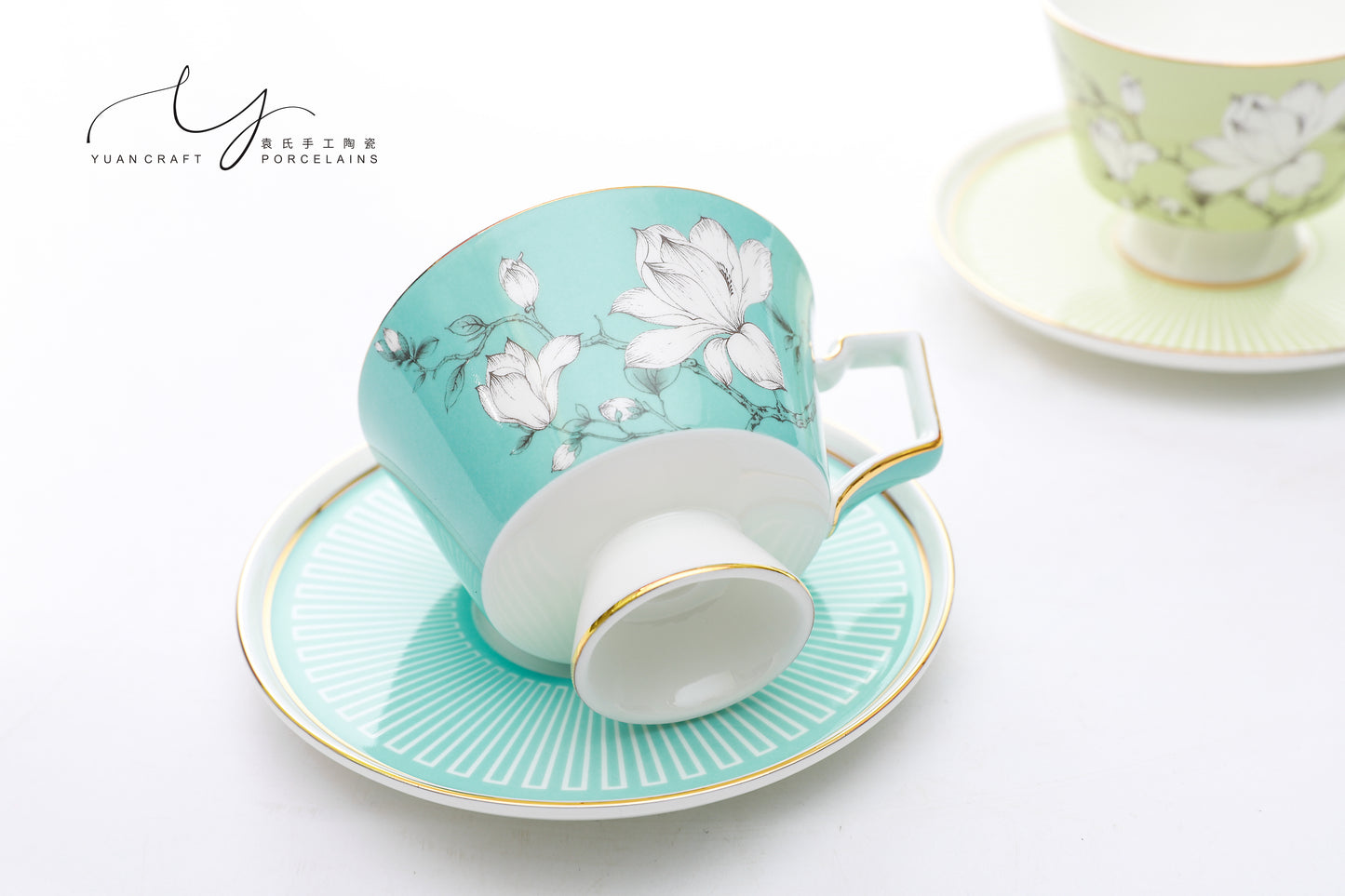 Green and Blue Magnolia Teacups & Saucers for Two