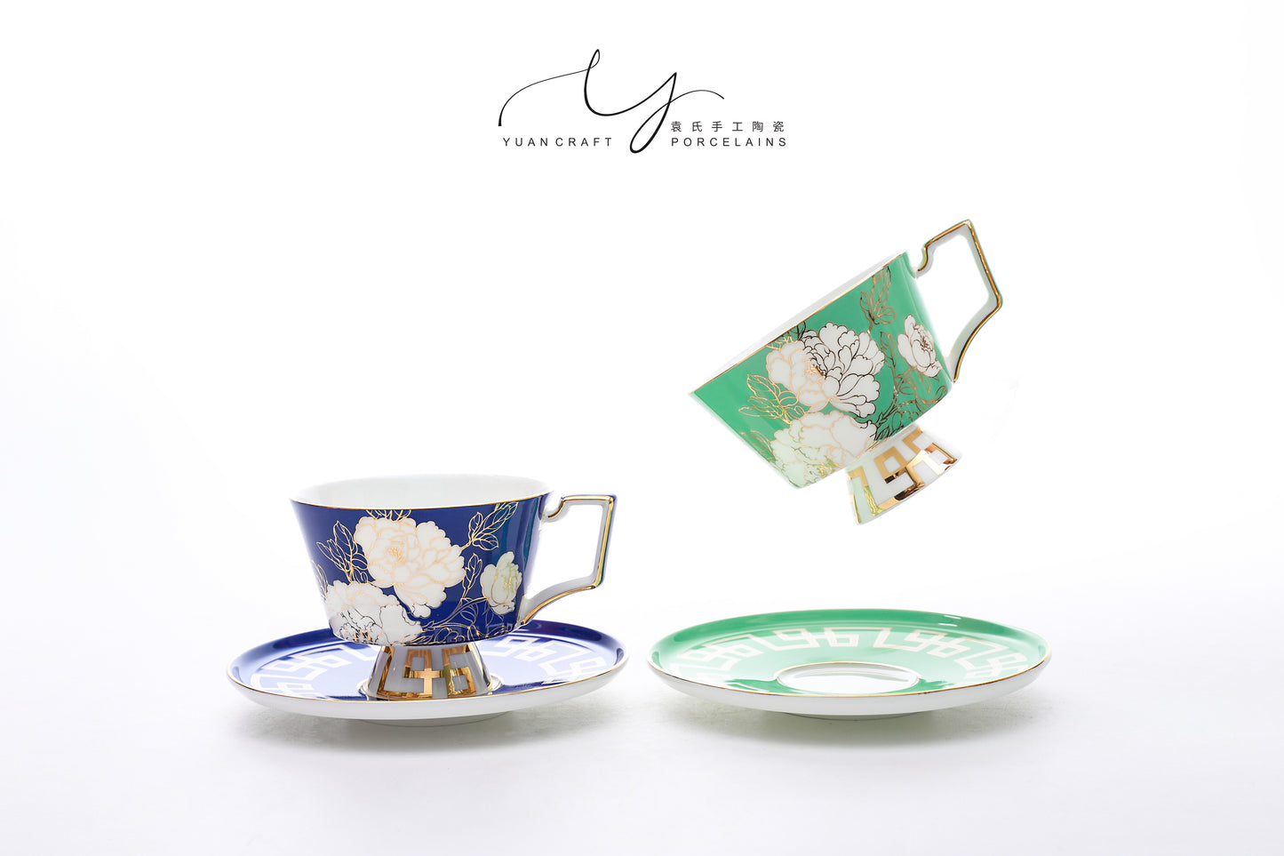 Exquisite Peony Flower Teacups & Saucers Sets for Two