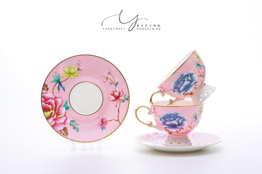 Hollowed-out Base Floral and Bird Pink Teacups & Saucers For Two