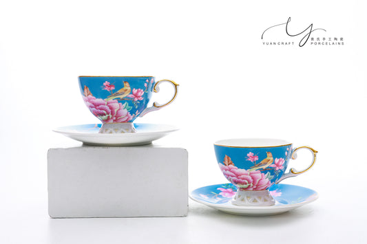 Hollowed-out Base Floral and Bird Blue Teacups & Saucers For Two