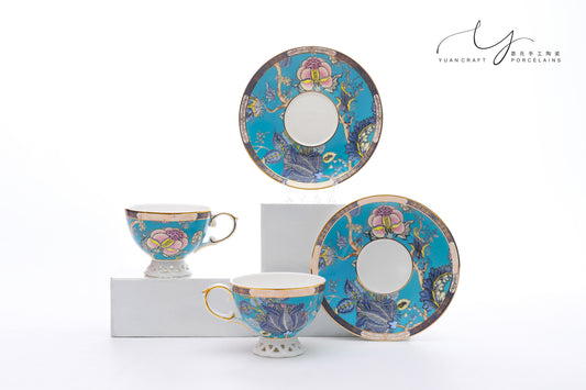 Hollowed-out Base Floral and Bees Teacups & Saucers For Two