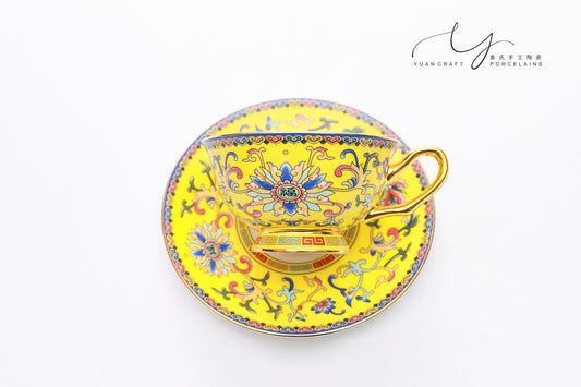 Traditional Chinese Ancient Imperial Yellow Famille-rose Teacup & Saucer