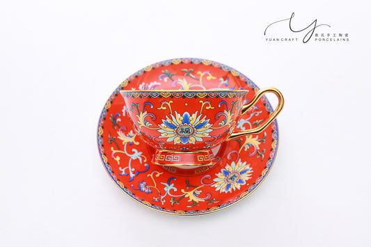 Traditional Chinese Ancient Imperial Red Famille-rose Teacup & Saucer