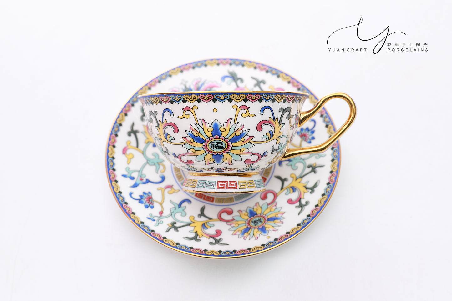Traditional Chinese Ancient Imperial Blue Famille-rose Teacup & Saucer