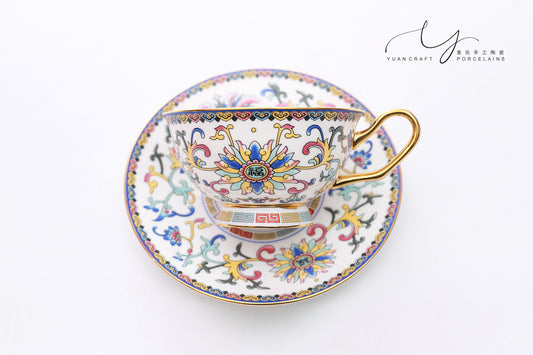 Traditional Chinese Ancient Imperial White Famille-rose Teacup & Saucer