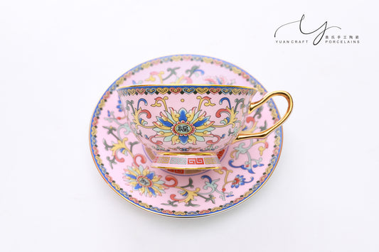 Traditional Chinese Ancient Imperial Pink Famille-rose Teacup & Saucer