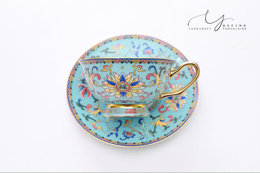 Traditional Chinese Ancient Imperial Blue Famille-rose Teacup & Saucer