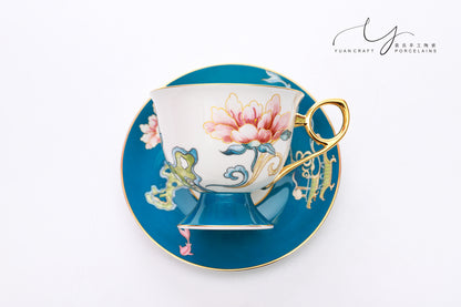 Flowers Bloom In Prosperity Dark Blue Cup & Saucer