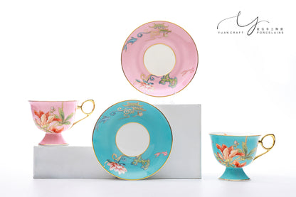 Butterflies in Love with Flowers Blue Teacup & Saucer
