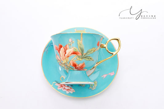 Butterflies in Love with Flowers Blue Teacup & Saucer