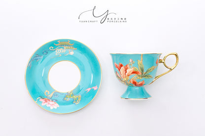 Butterflies in Love with Flowers Blue Teacup & Saucer