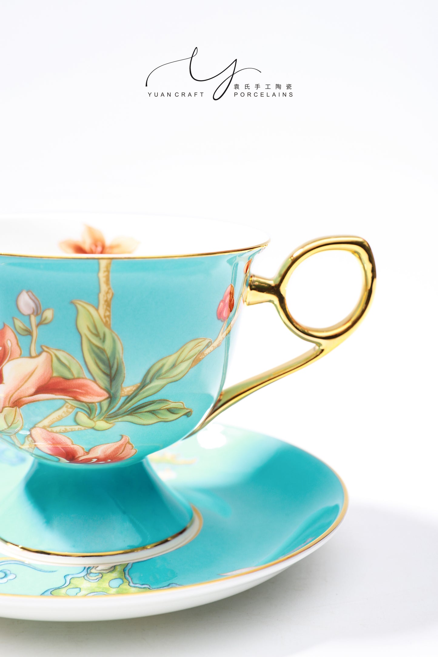 Butterflies in Love with Flowers Blue Teacup & Saucer